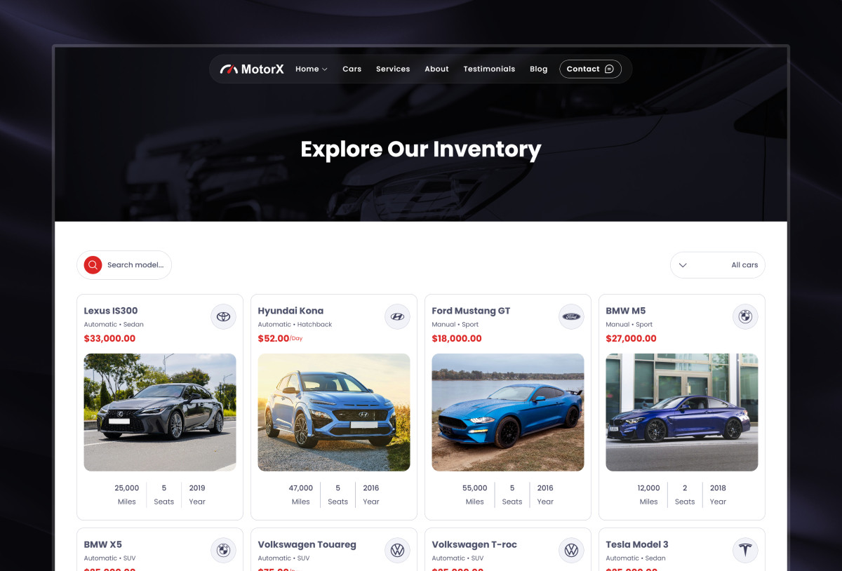 MotorX: Car Dealership Framer Template Preview Image 3