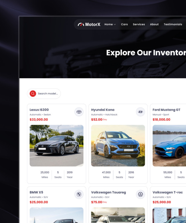 MotorX: Car Dealership Framer Template Thumbnail
